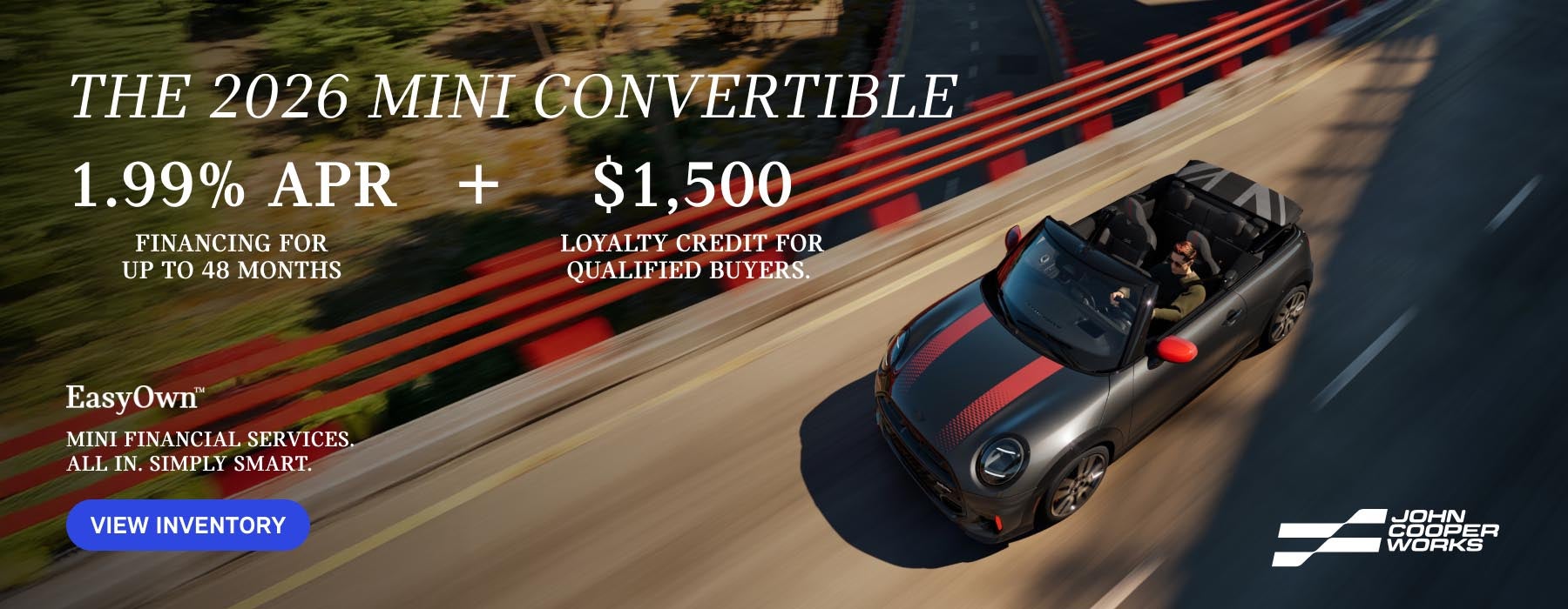 Overhead shot of MINI JCW Convertible driving on an elevated highway.