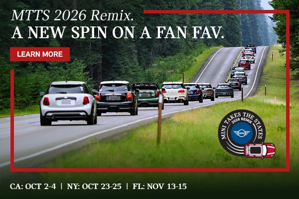 Banner for MINI Takes the States 2026 Remix showing MINI vehicles on a scenic drive and listing event dates in California