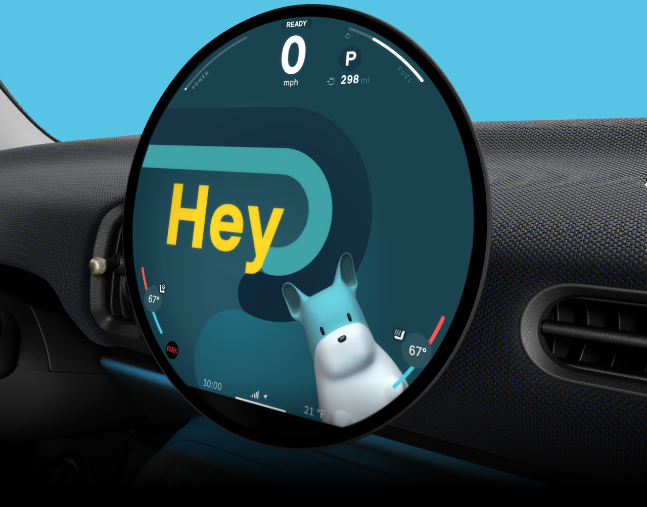 A close-up of the 9.4” round OLED display with Spike on the screen and text reading “Hey” with the surrounding dashboard against a blue background.