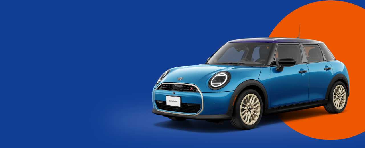 Angled view of a MINI Cooper S 4 Door in Icy Sunshine Blue in front of a bright orange circle with a blue background.