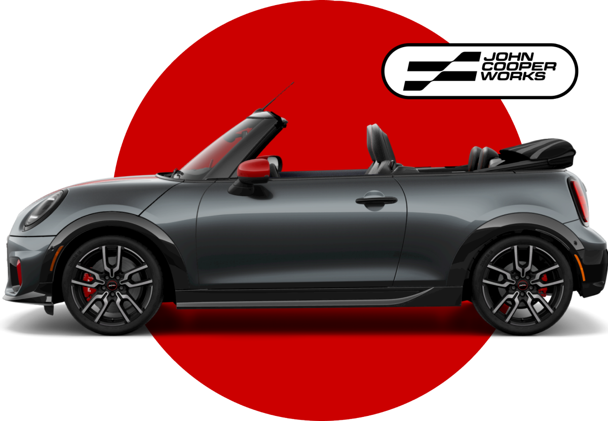 Side view of MINI John Cooper Works Convertible in front of red circle against a black background with John Cooper Works logo on top.