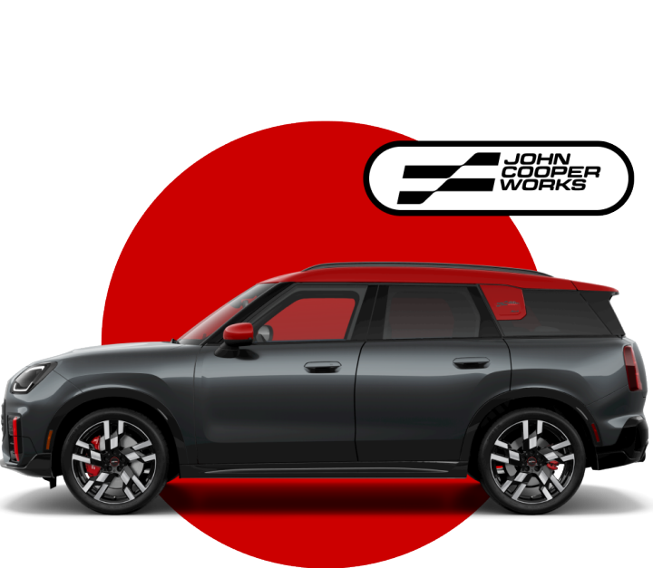 Side view of MINI John Cooper Works Countryman ALL4 in front of red circle against a black background with John Cooper Works logo on top.