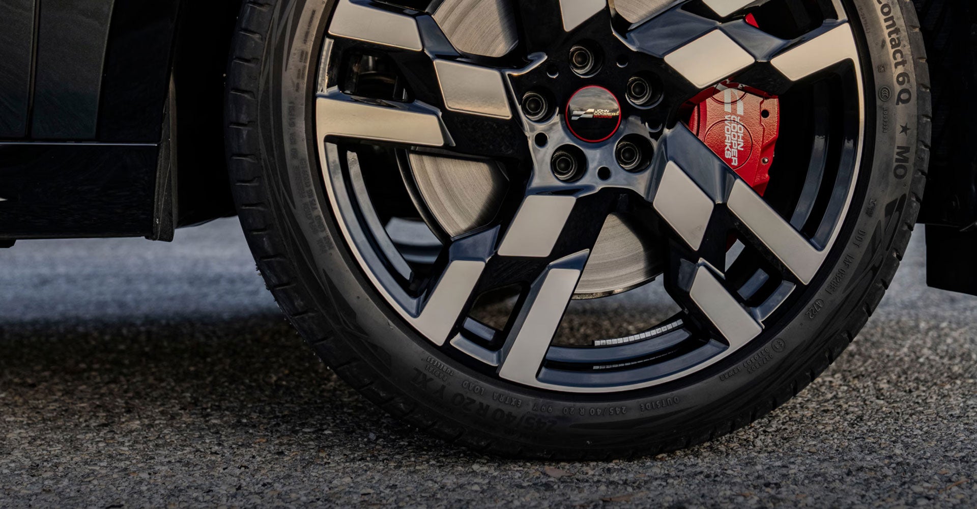 A close-up of a wheel on the MINI JCW Countryman ALL4.