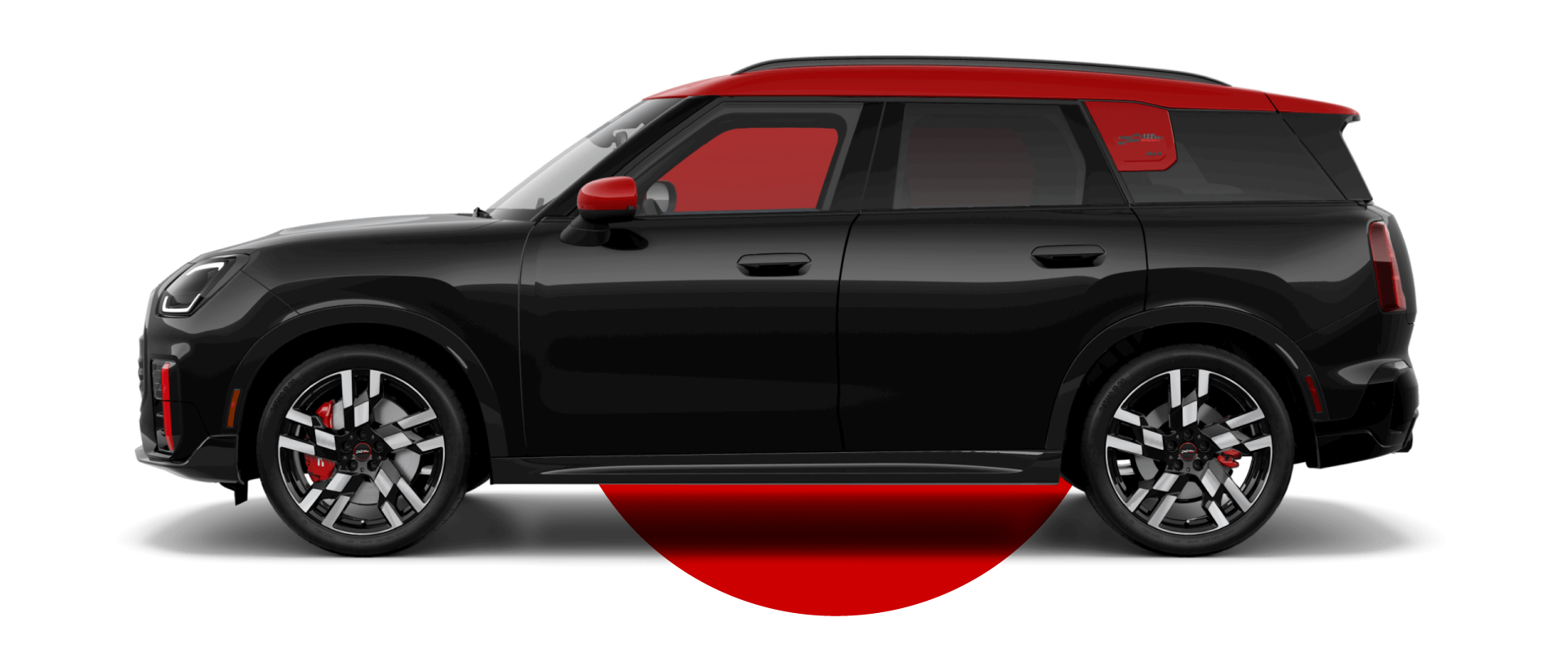 Side view of a MINI JCW Countryman ALL4 in the Midnight Black II body color, facing left with its shadow underneath it.