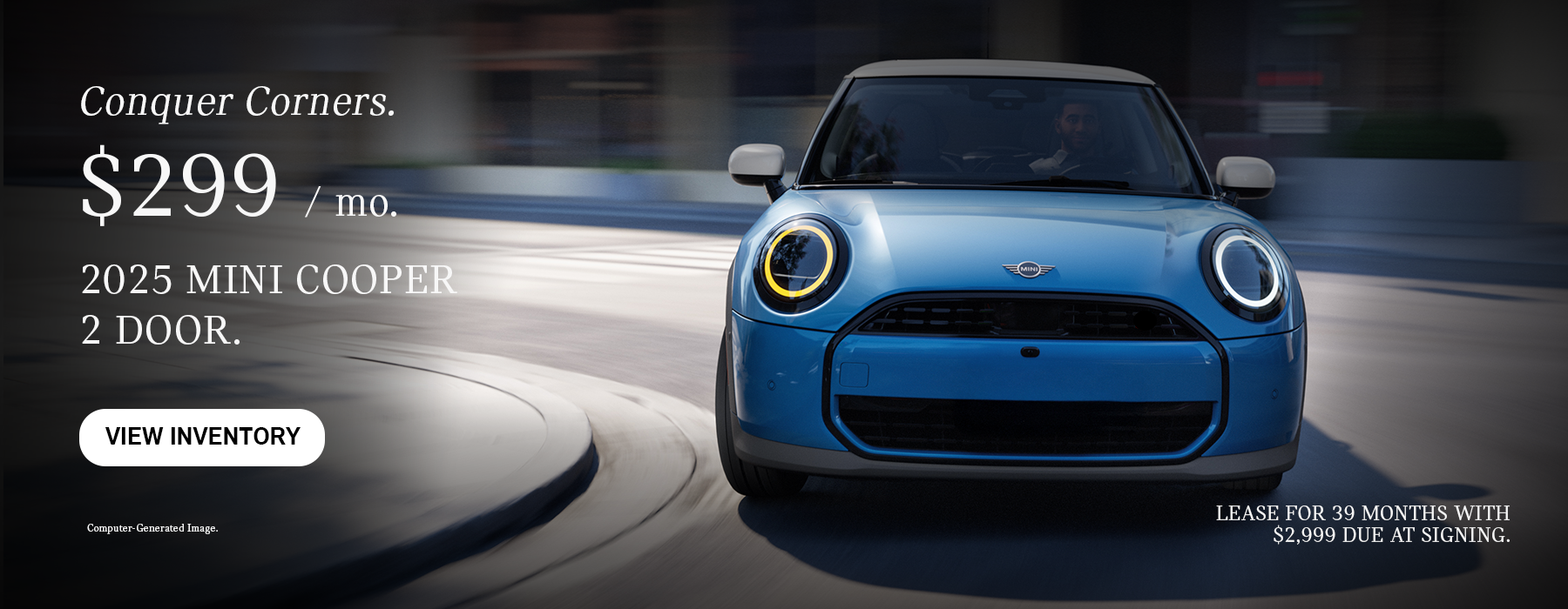 Front View of a Blue MINI Cooper curving around the corner.