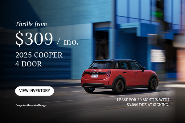 Back view of red Cooper 4 Door.