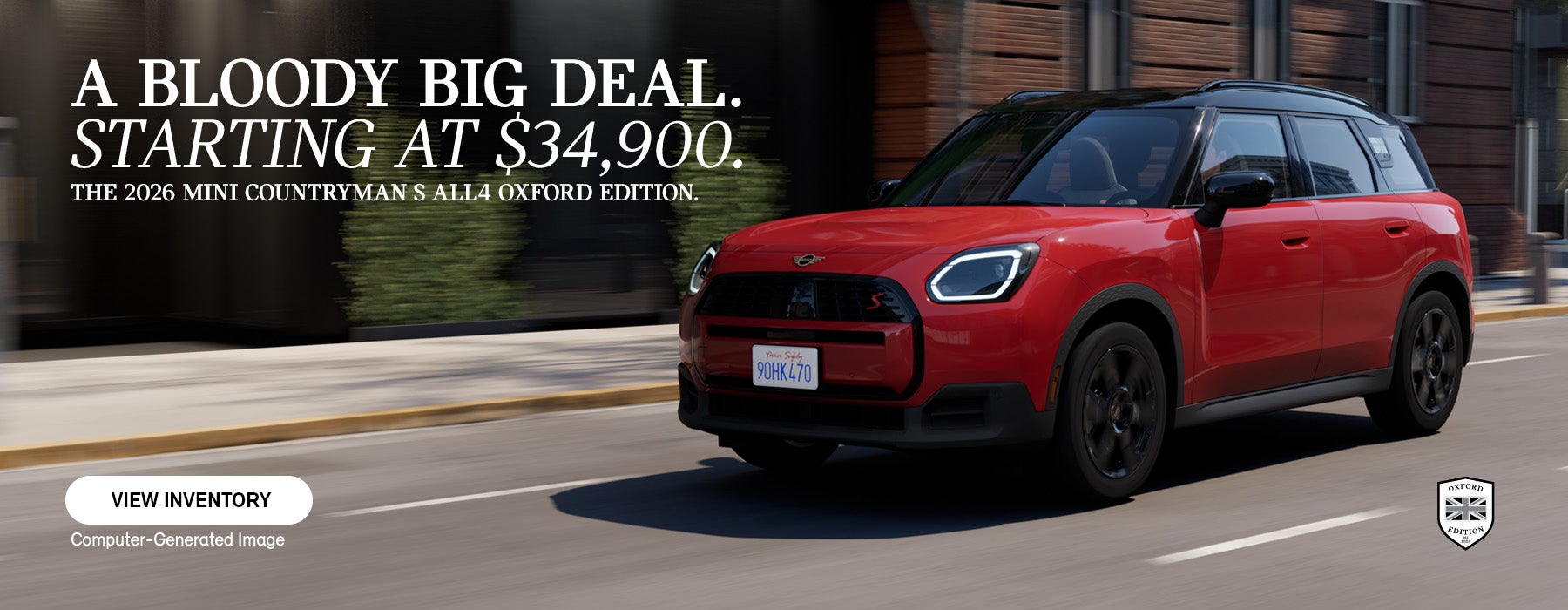 front view of Oxford Countryman driving up road. 